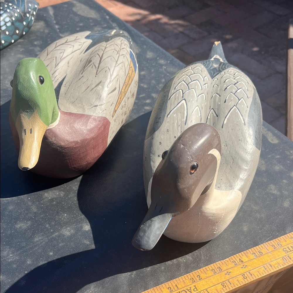 Handcrafted Wooden Duck Figurines decoys - Green and Brown